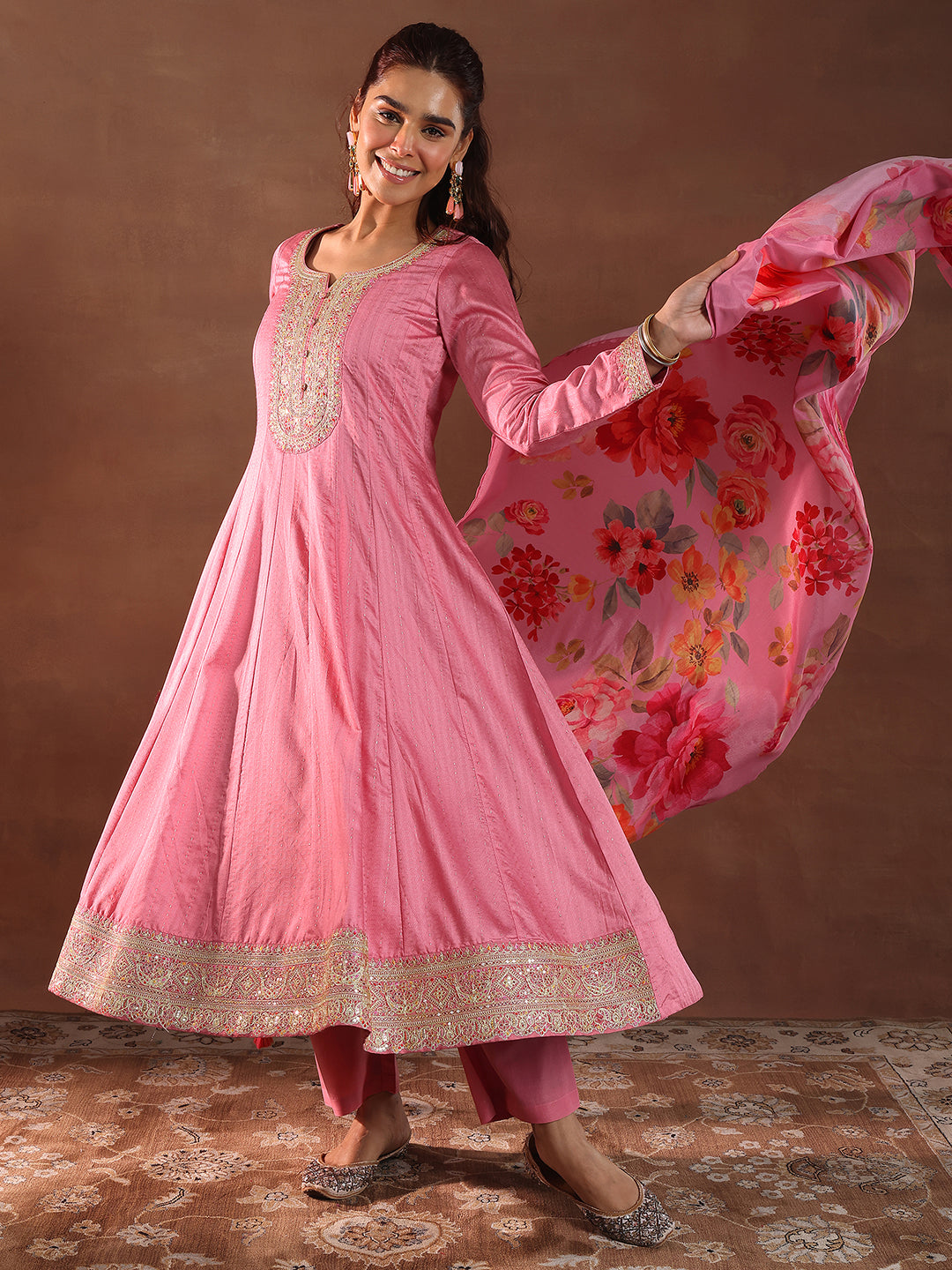 Pink Woven Design Silk Blend Anarkali Suit With Dupatta