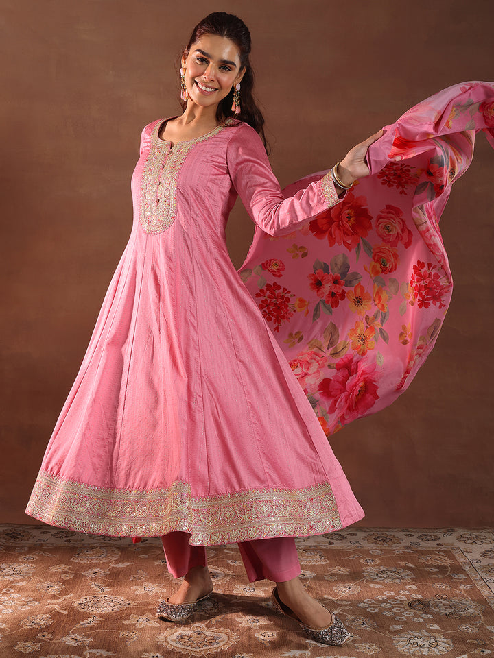 Pink Woven Design Silk Blend Anarkali Suit With Dupatta
