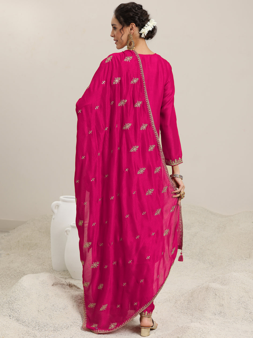 Pink Embellished Silk Blend Straight Kurta With Palazzos & Dupatta