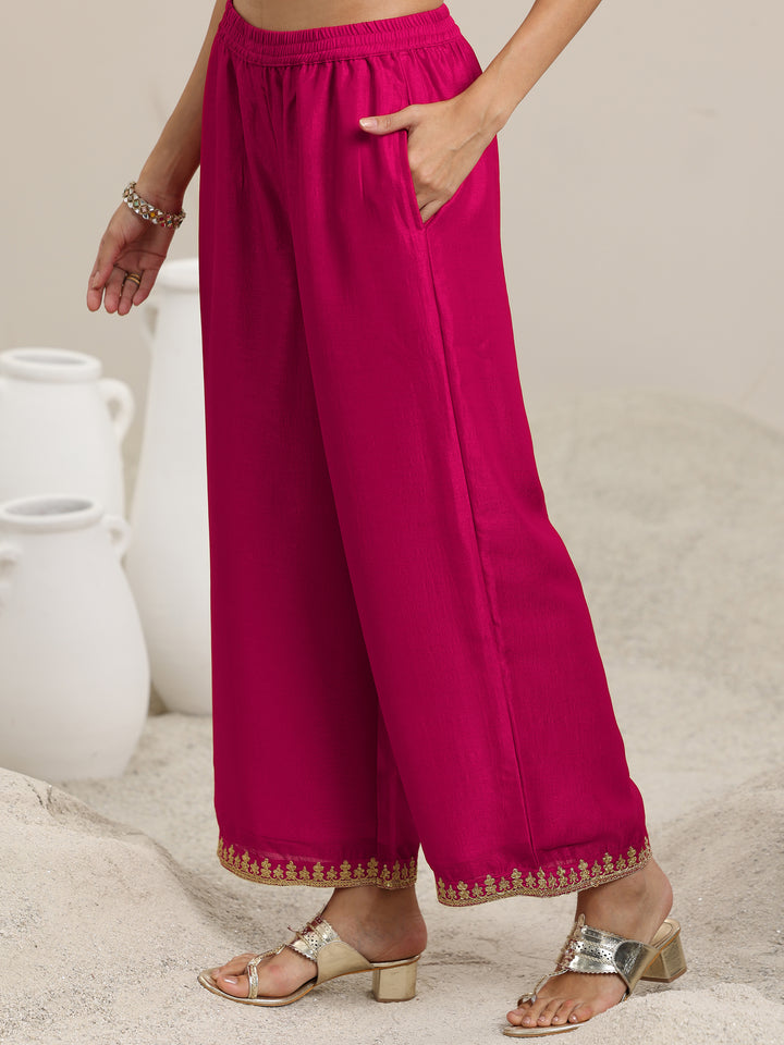 Pink Embellished Silk Blend Straight Kurta With Palazzos & Dupatta