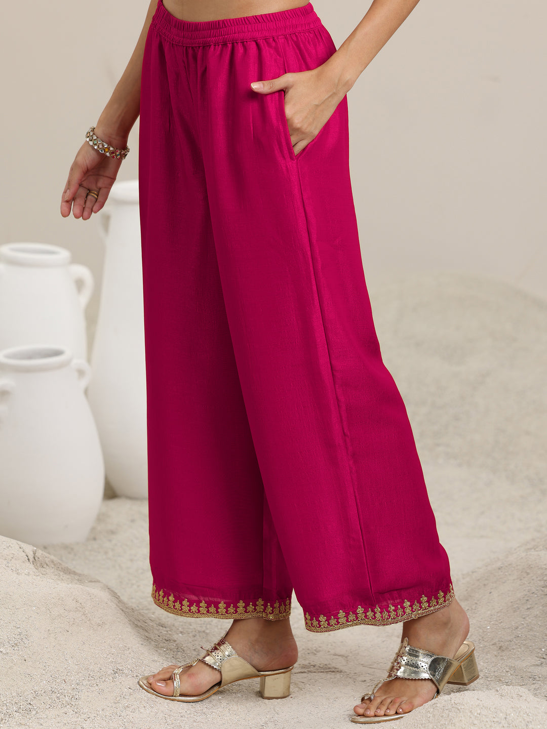 Pink Embellished Silk Blend Straight Kurta With Palazzos & Dupatta