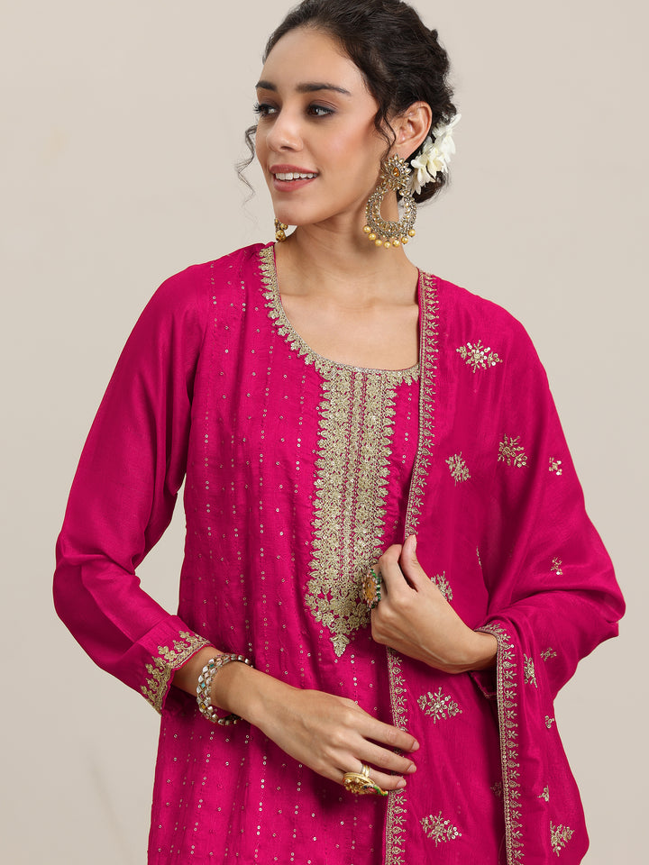 Pink Embellished Silk Blend Straight Kurta With Palazzos & Dupatta