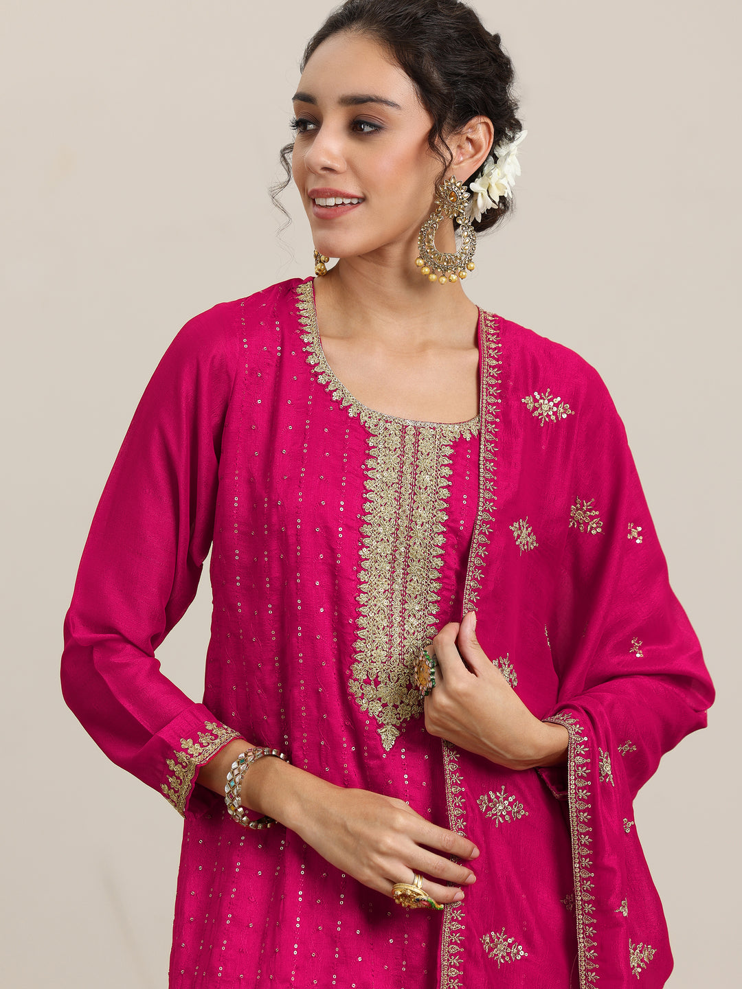 Pink Embellished Silk Blend Straight Kurta With Palazzos & Dupatta
