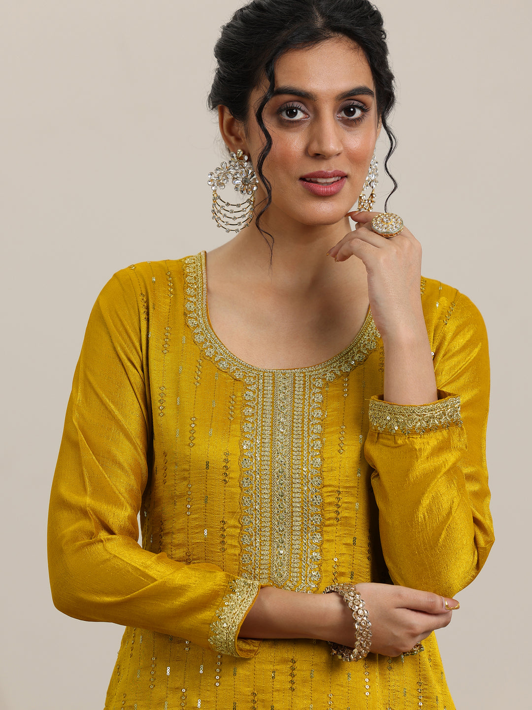 Mustard Embellished Silk Blend Straight Kurta With Palazzos & Dupatta
