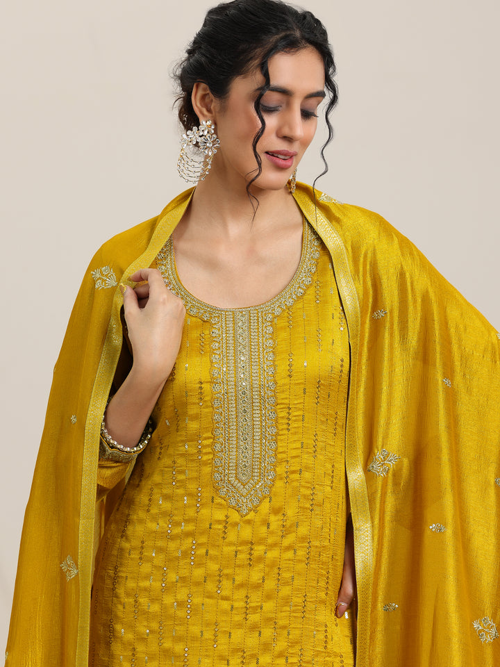 Mustard Embellished Silk Blend Straight Kurta With Palazzos & Dupatta