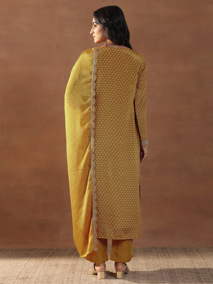 Mustard Printed Silk Blend Straight Suit Set With Dupatta