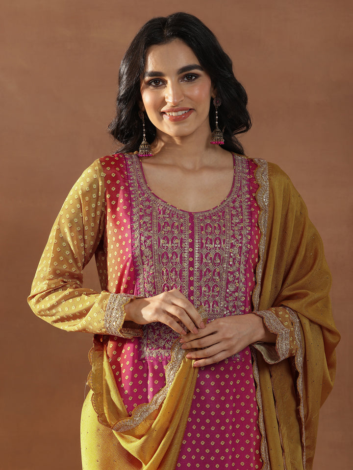 Mustard Printed Silk Blend Straight Suit Set With Dupatta
