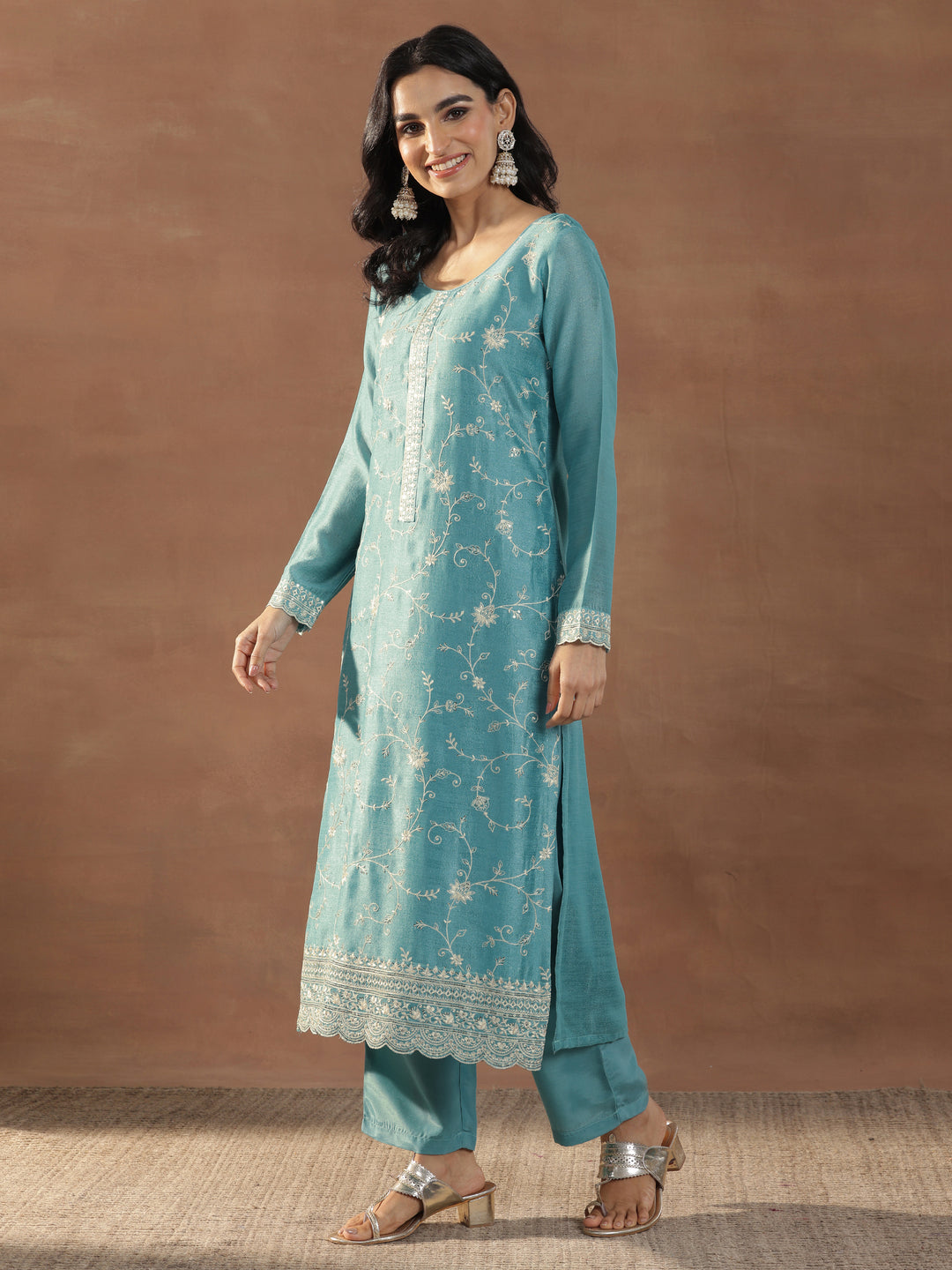 Blue Embroidered Silk Blend Straight Suits With Dupatta