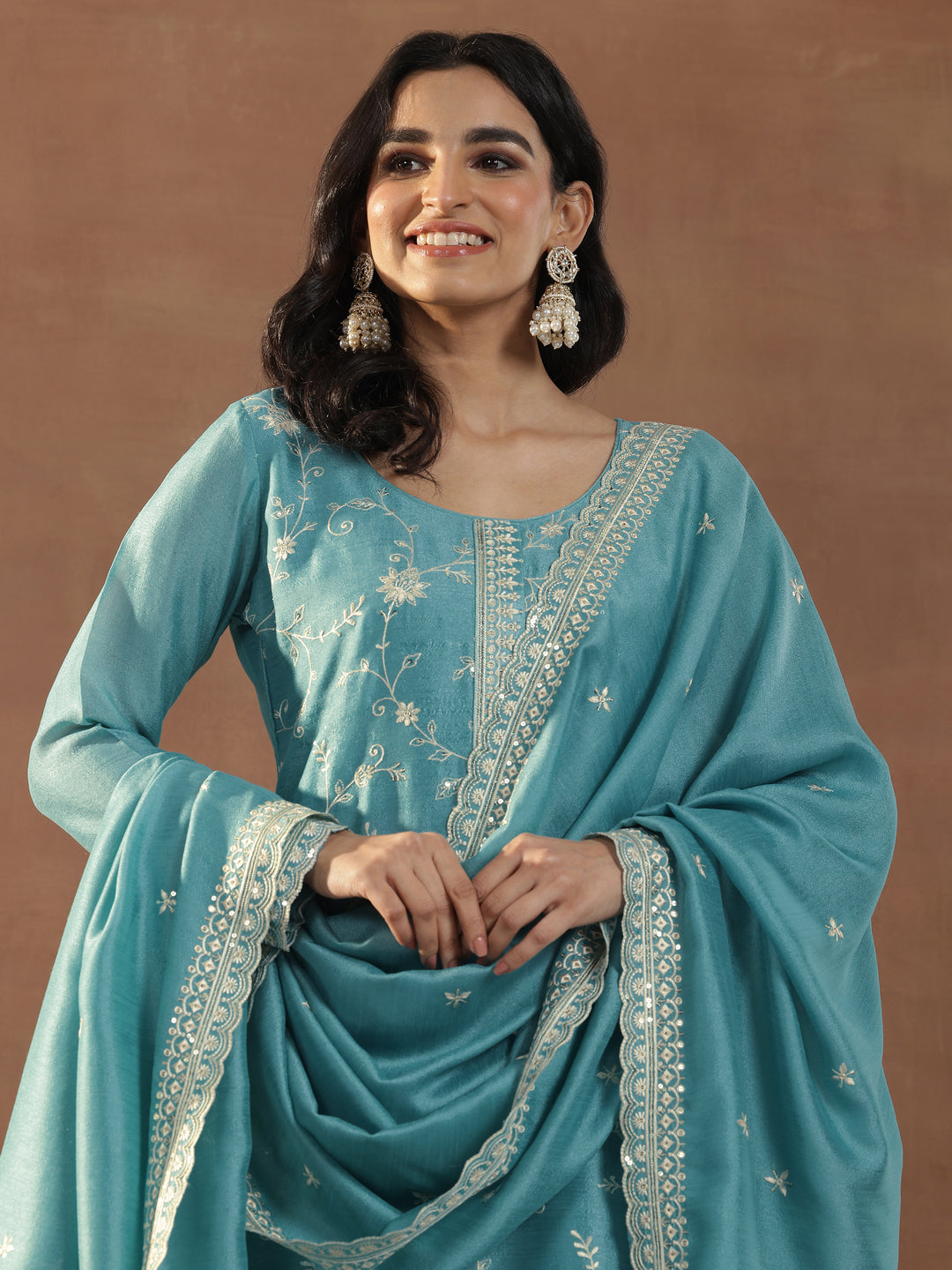 Blue Embroidered Silk Blend Straight Suits With Dupatta