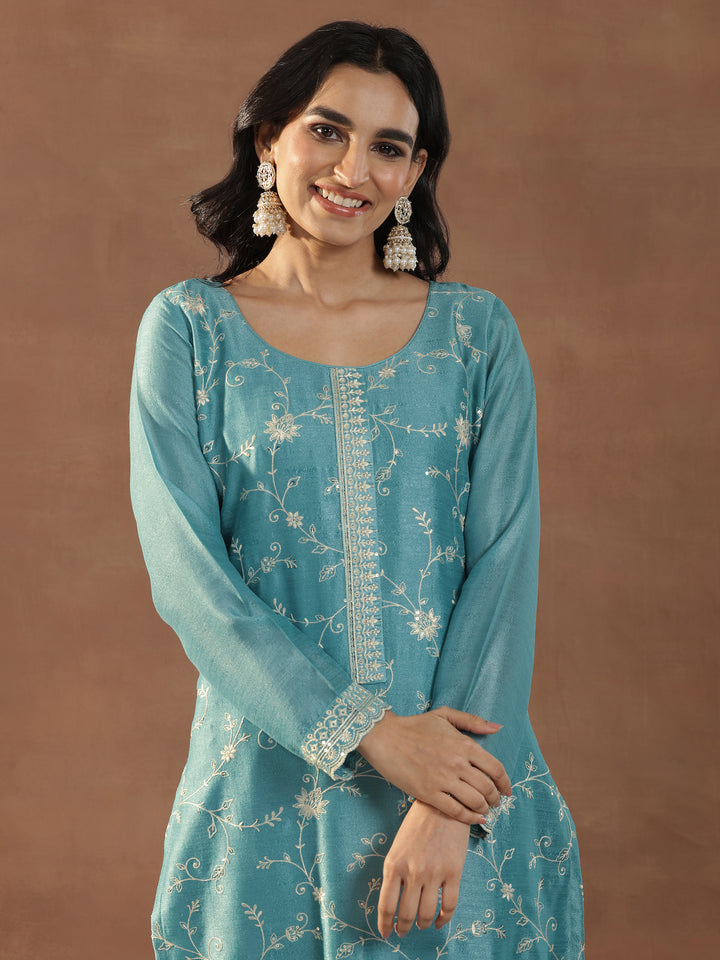 Blue Embroidered Silk Blend Straight Suits With Dupatta