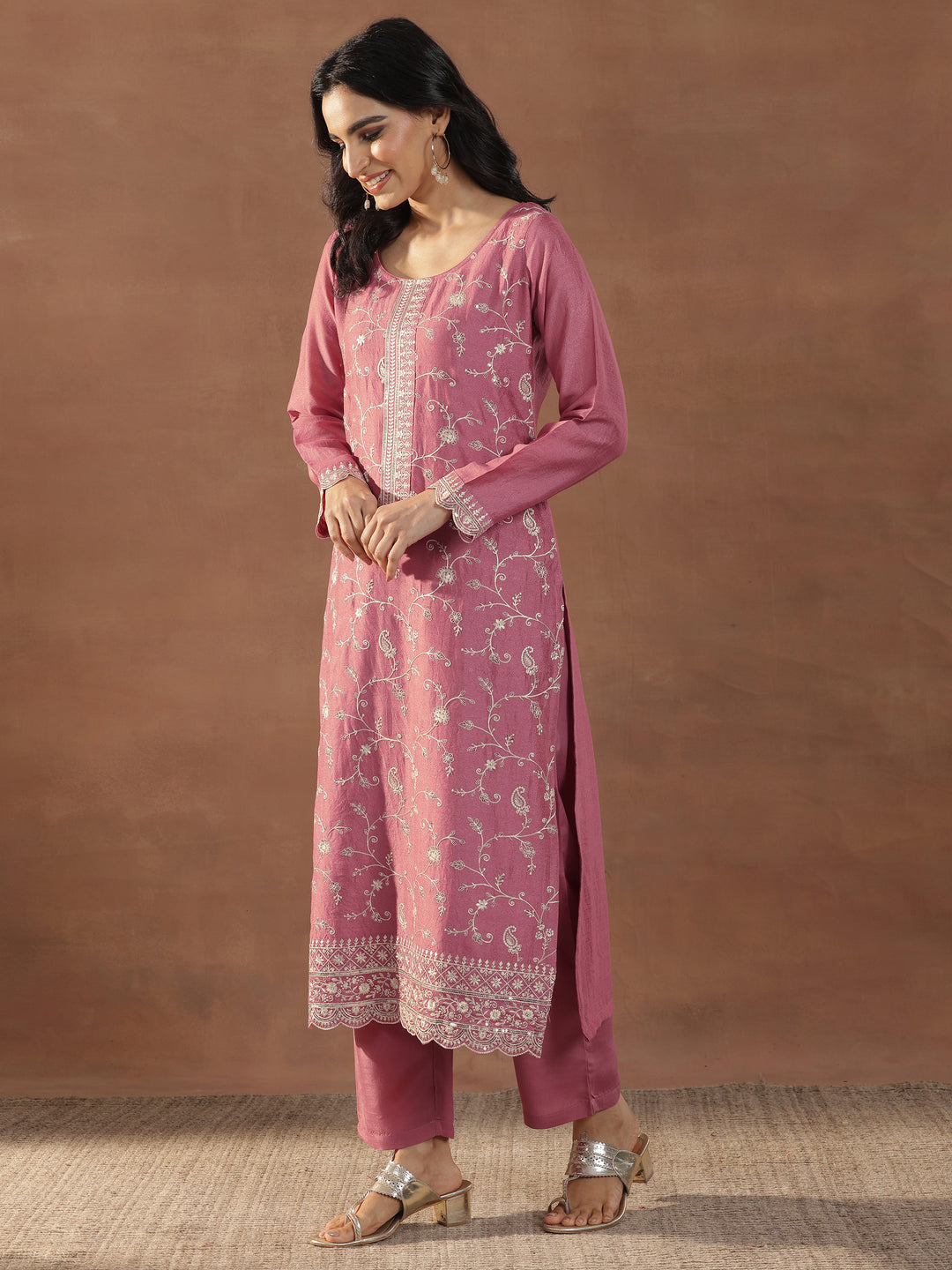 Pink Embroidered Silk Blend Straight Suits With Dupatta