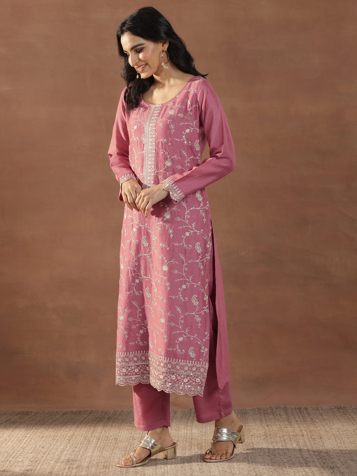 Pink Embroidered Silk Blend Straight Suits With Dupatta
