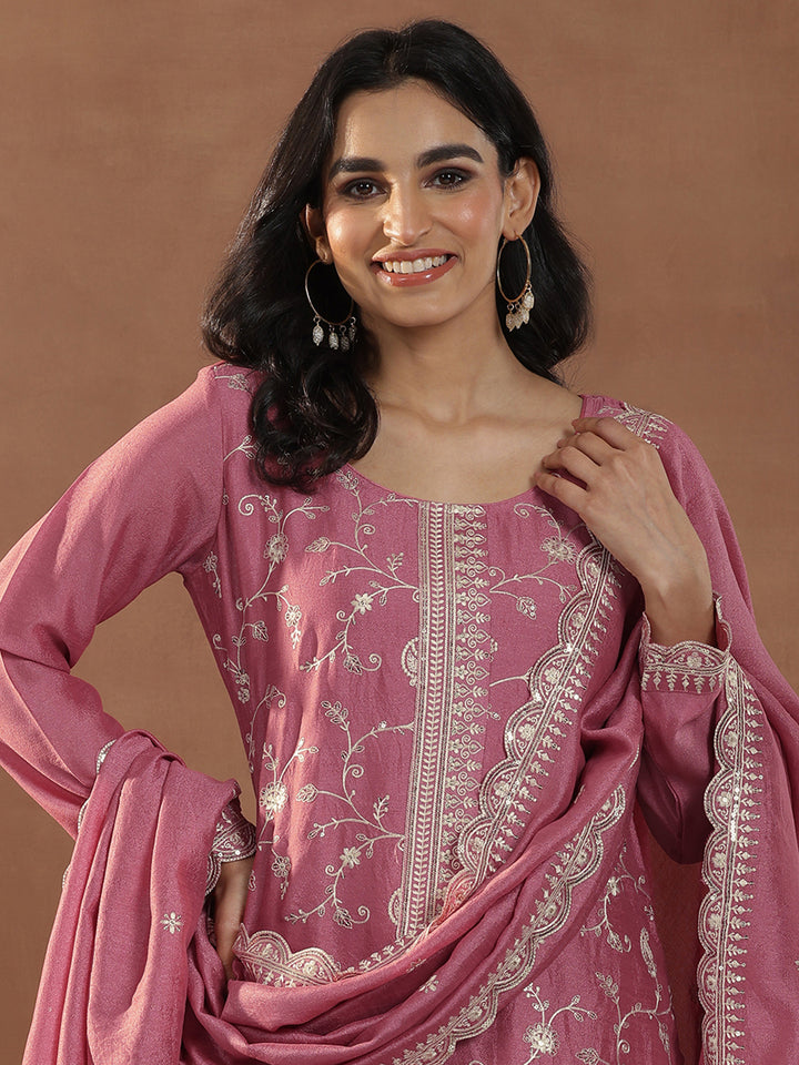 Pink Embroidered Silk Blend Straight Suits With Dupatta