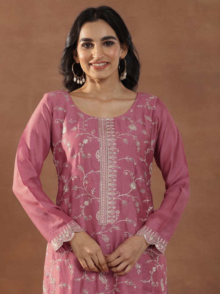 Pink Embroidered Silk Blend Straight Suits With Dupatta