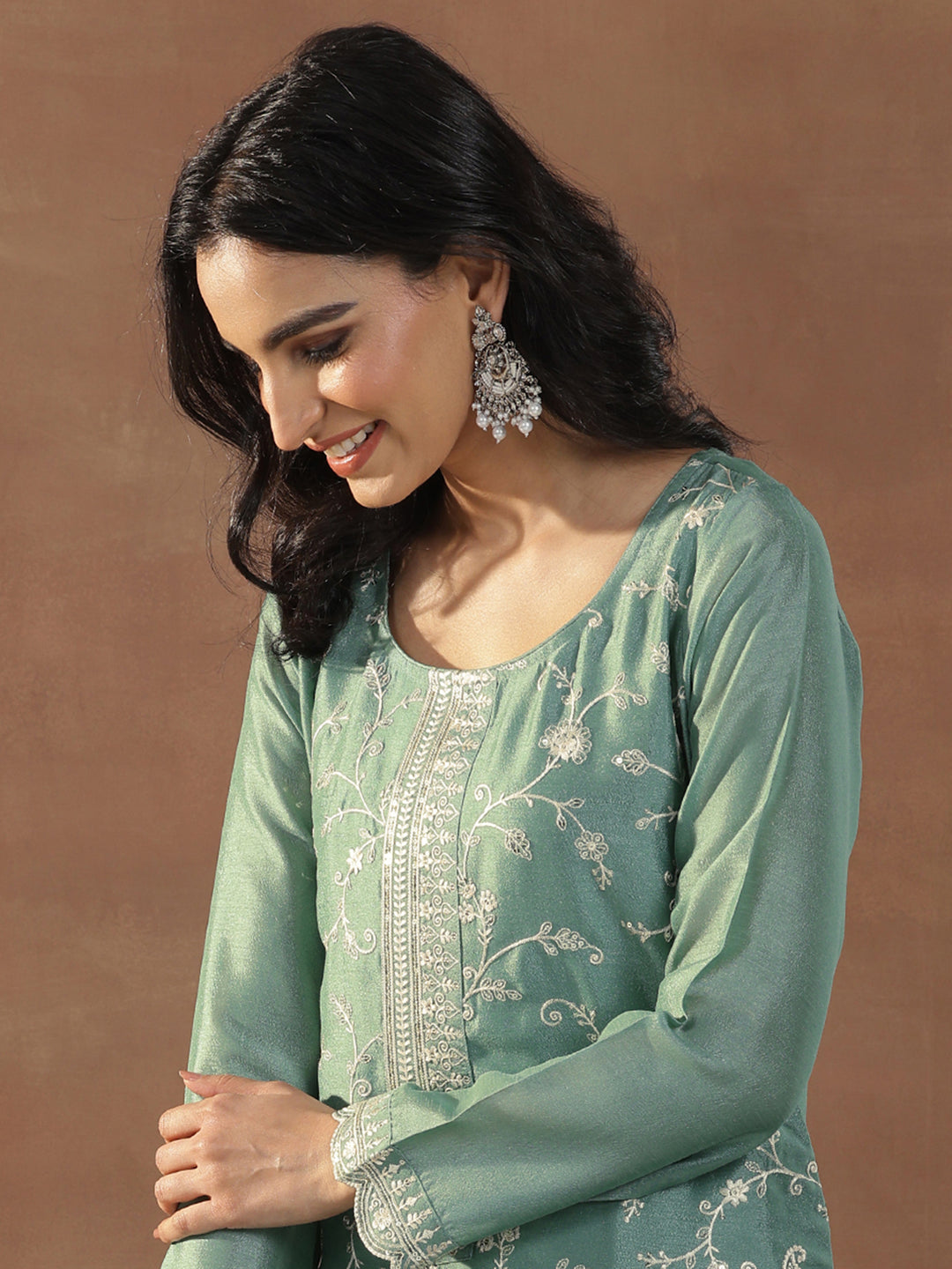 Green Embroidered Silk Blend Straight Suits With Dupatta