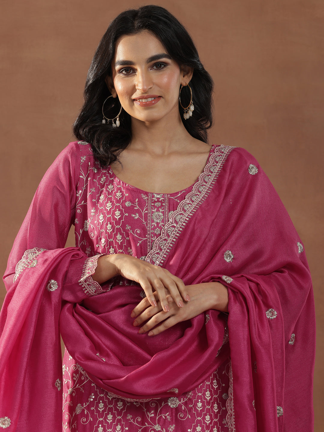 Pink Embroidered Silk Blend Straight Suits With Dupatta