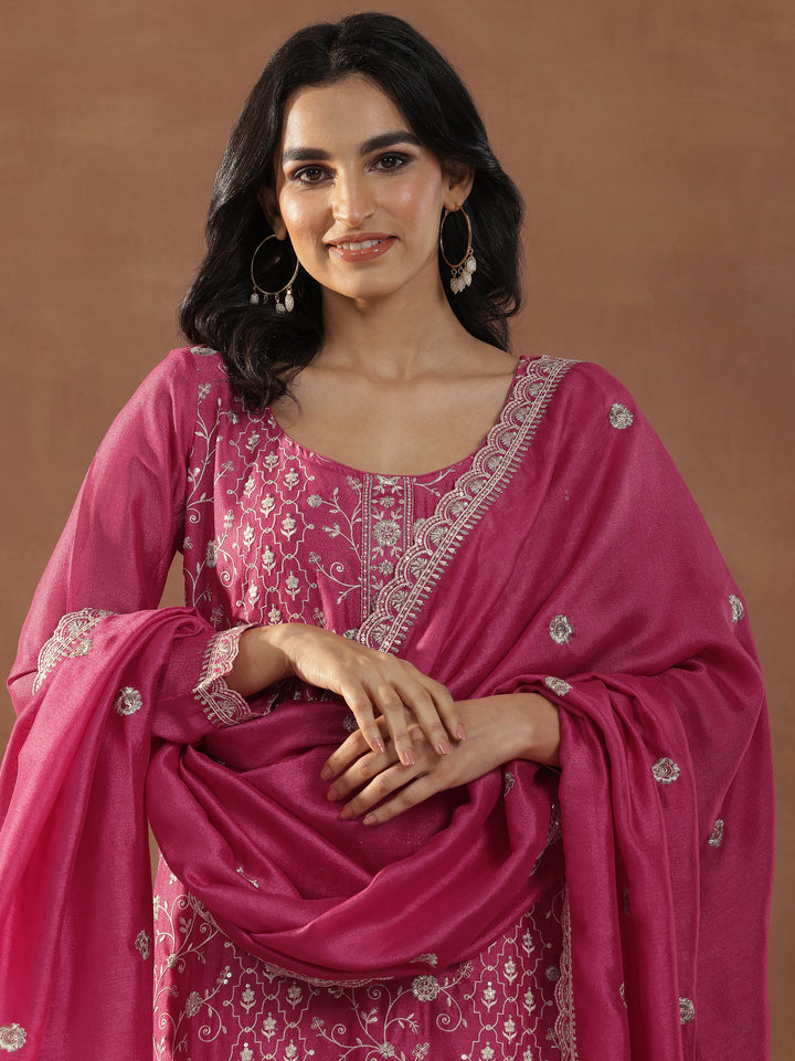 Pink Embroidered Silk Blend Straight Suits With Dupatta