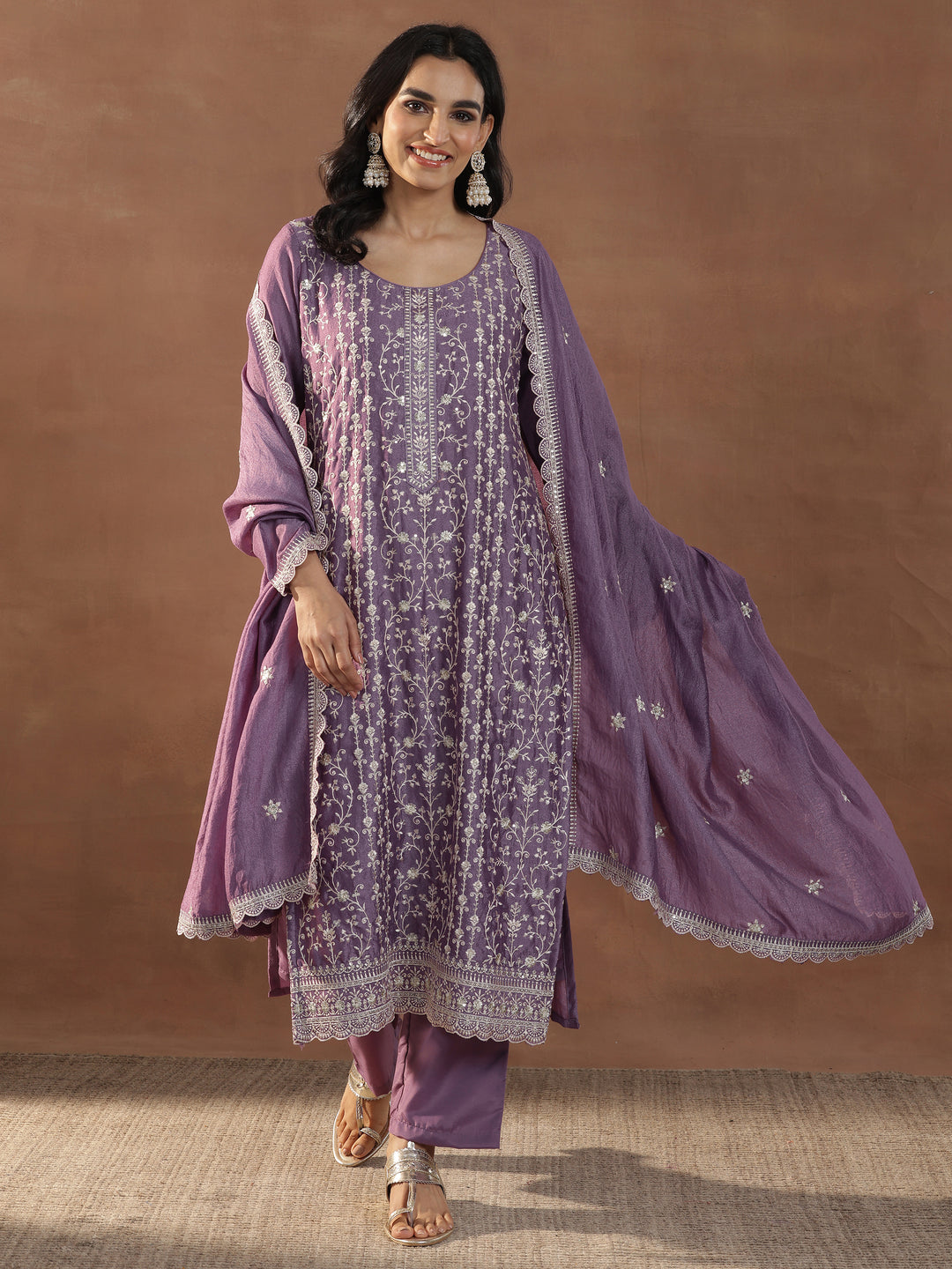 Purple Embroidered Silk Blend Straight Suits With Dupatta
