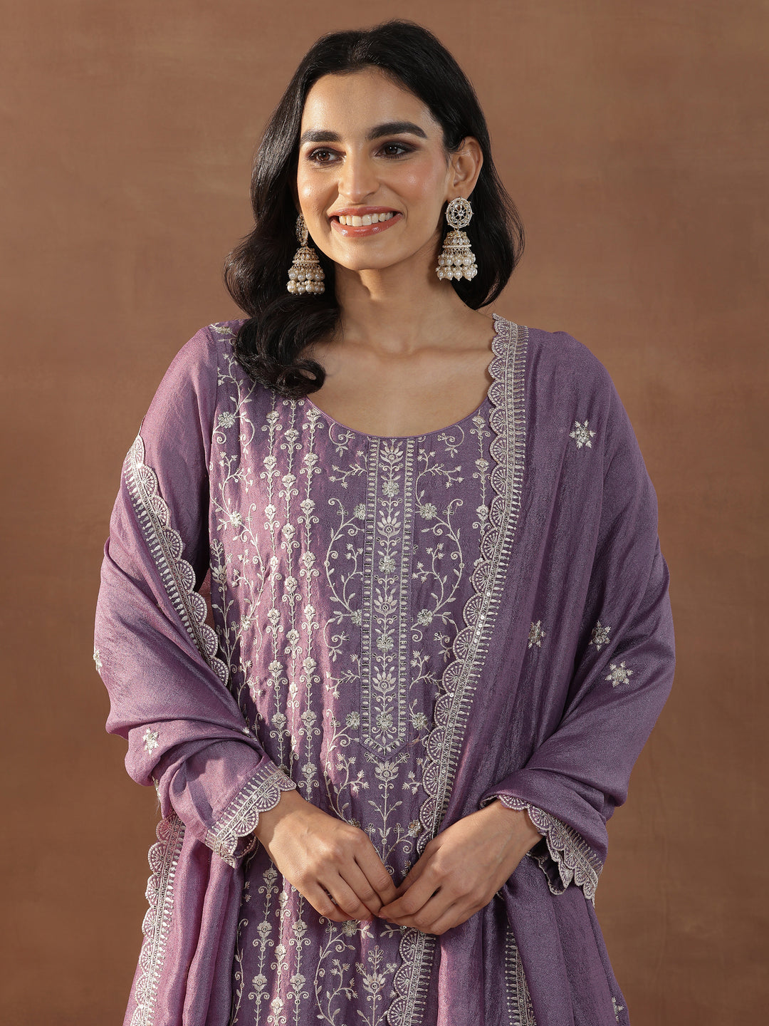 Purple Embroidered Silk Blend Straight Suits With Dupatta
