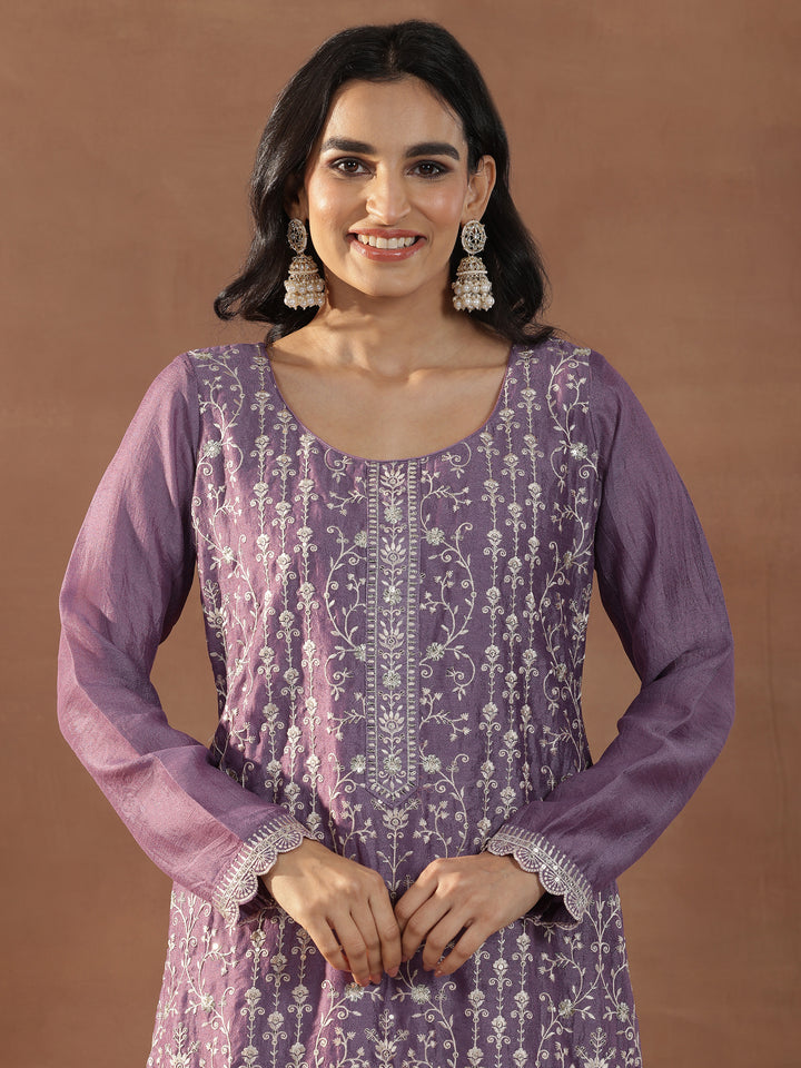 Purple Embroidered Silk Blend Straight Suits With Dupatta