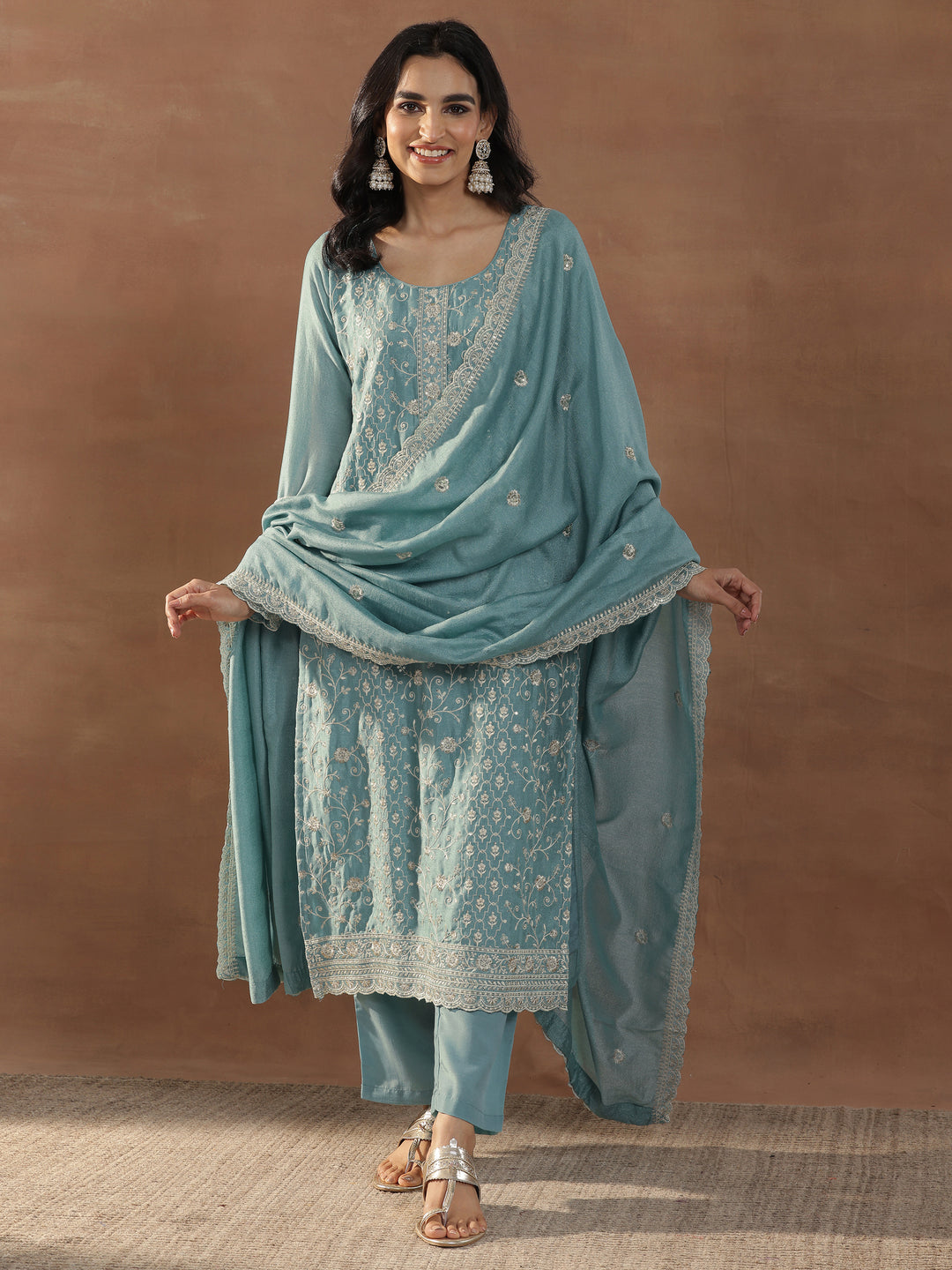 Blue Embroidered Silk Blend Straight Suits With Dupatta
