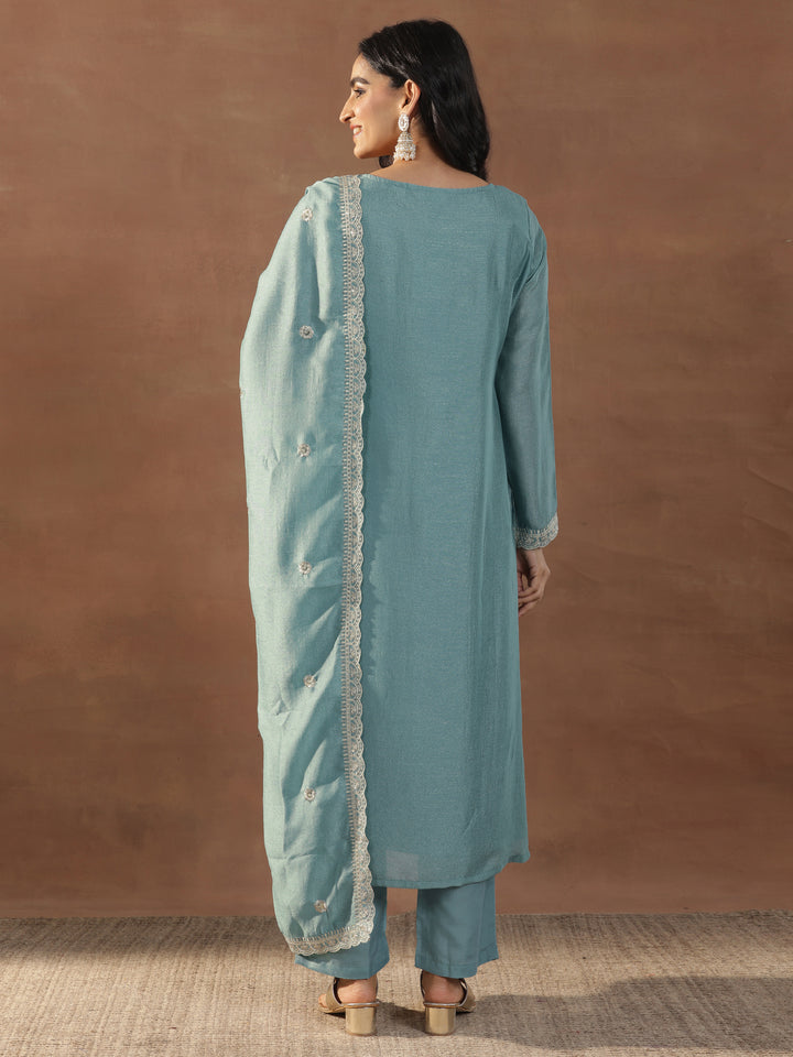Blue Embroidered Silk Blend Straight Suits With Dupatta