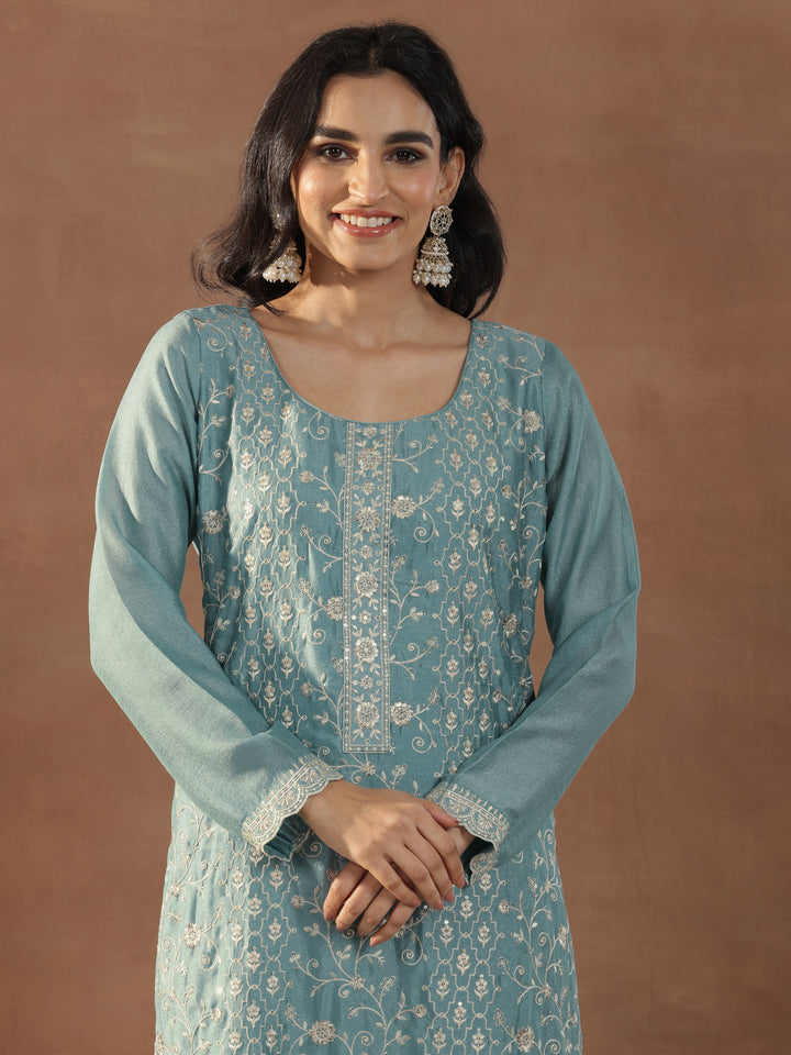 Blue Embroidered Silk Blend Straight Suits With Dupatta