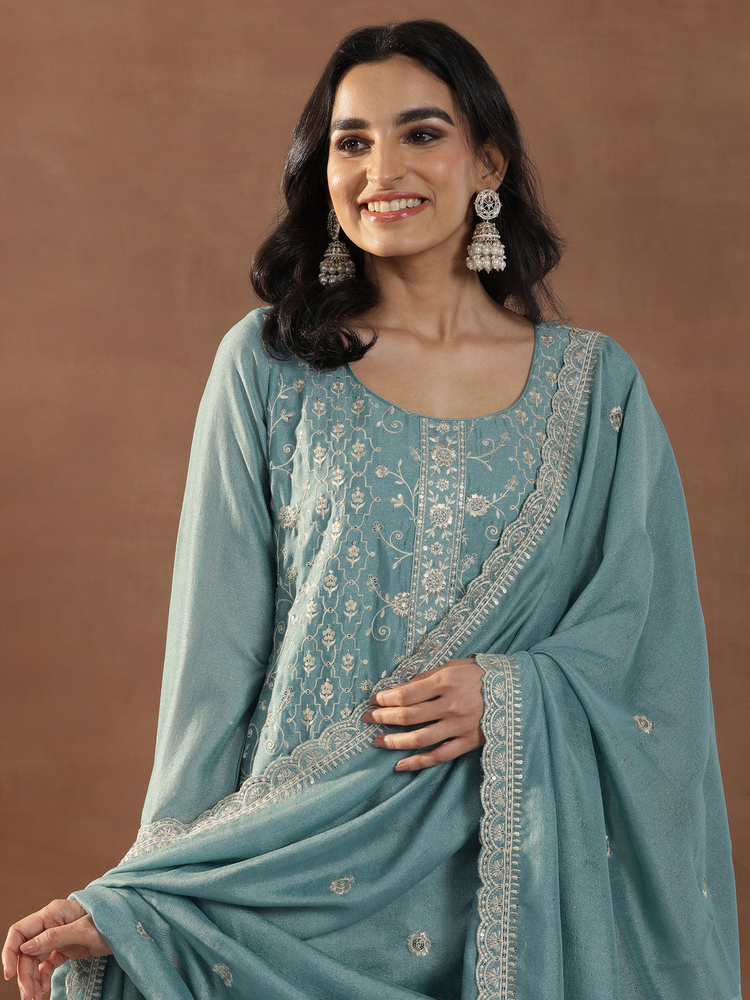 Blue Embroidered Silk Blend Straight Suits With Dupatta
