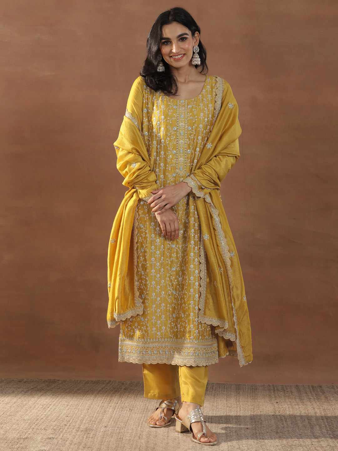 Mustard Embroidered Silk Blend Straight Suits With Dupatta