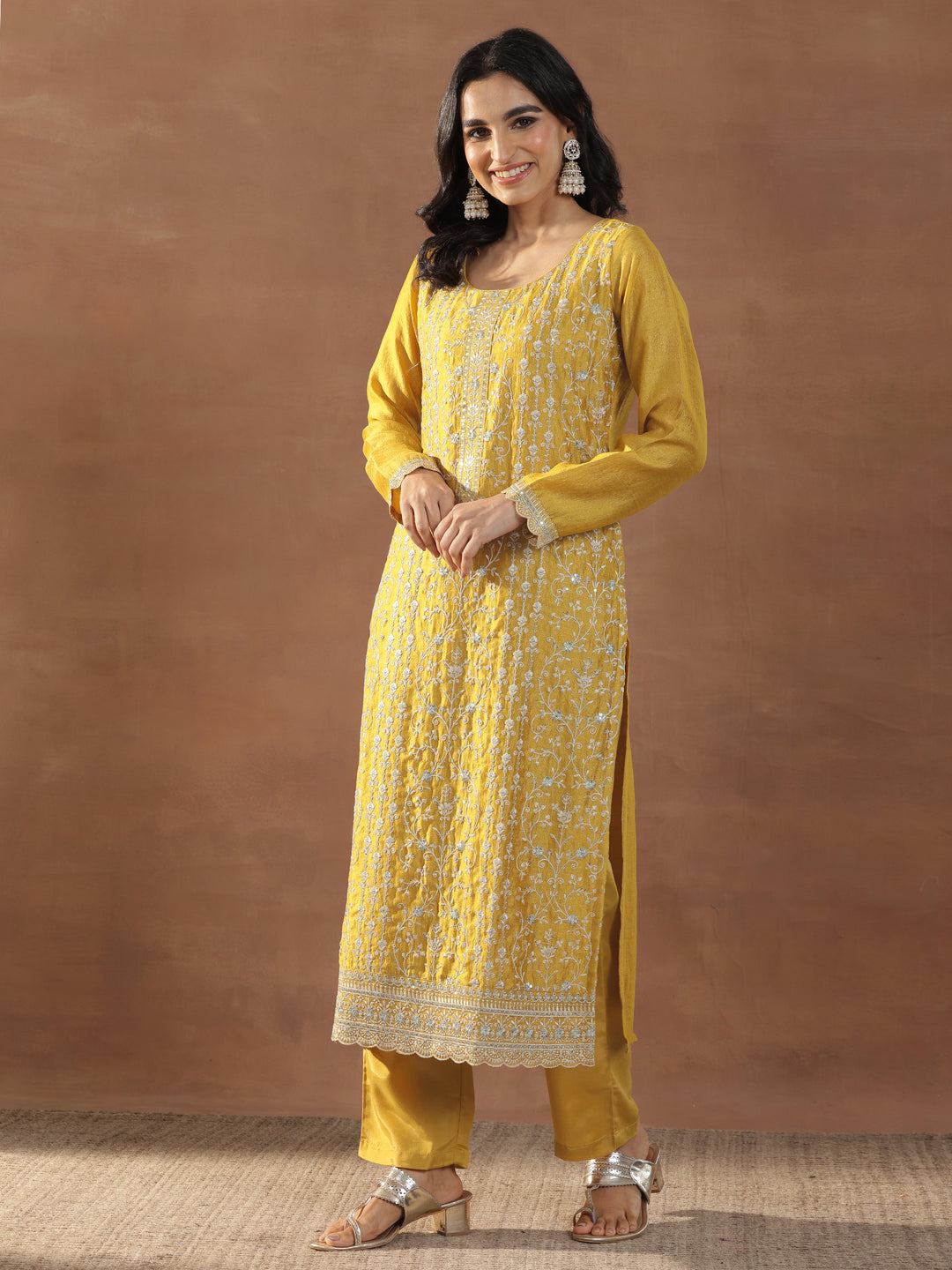 Mustard Embroidered Silk Blend Straight Suits With Dupatta