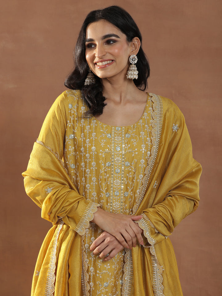 Mustard Embroidered Silk Blend Straight Suits With Dupatta