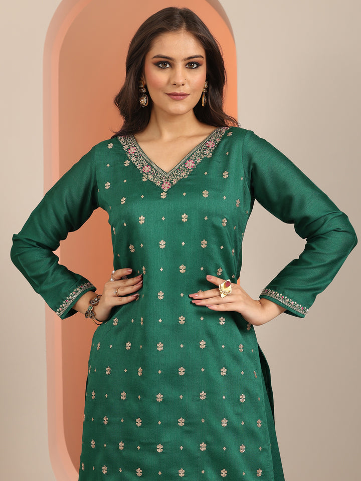Green Embroidered Silk Blend Straight Suit Set With Dupatta