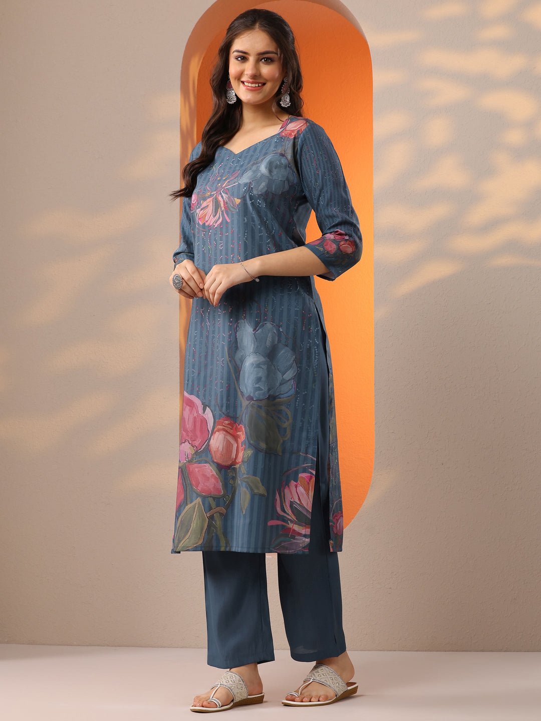 Blue Printed Silk Blend Straight Suit Set With Dupatta
