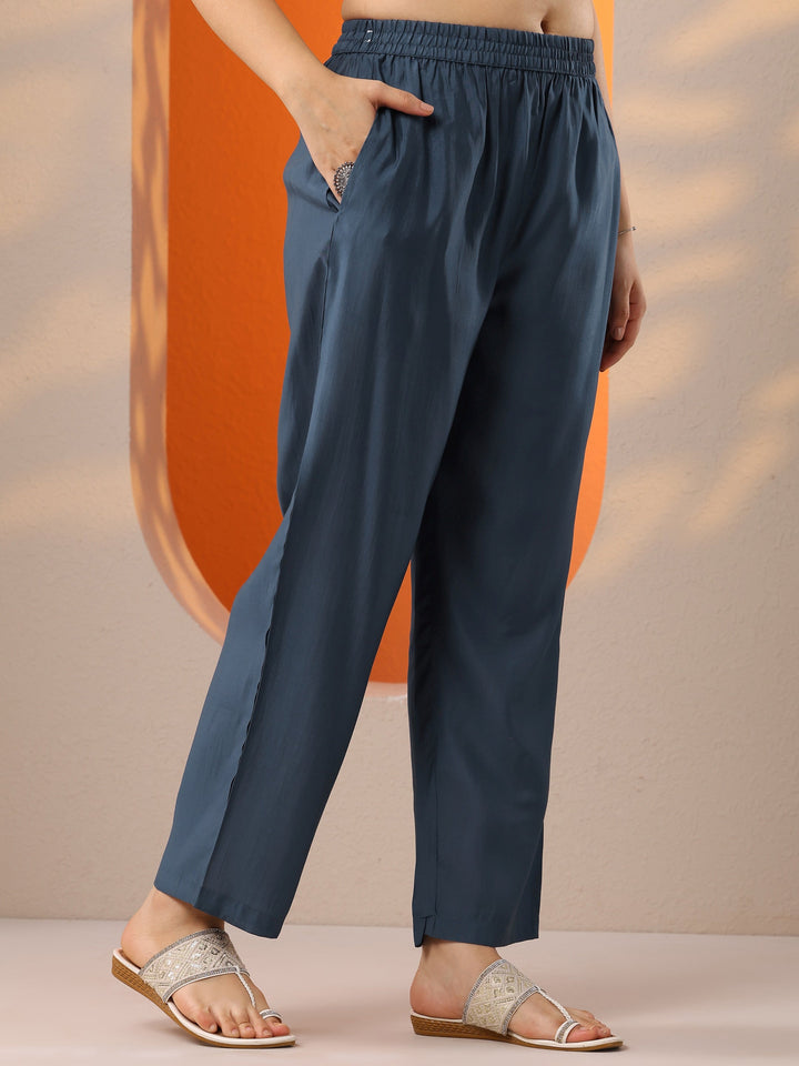 Blue Printed Silk Blend Straight Suit Set With Dupatta