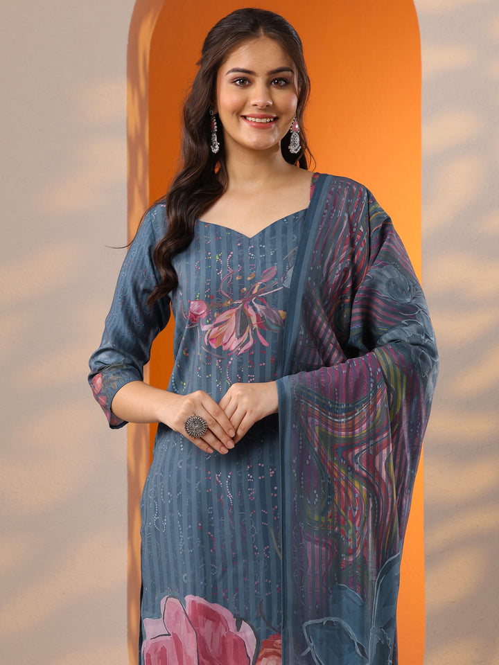 Blue Printed Silk Blend Straight Suit Set With Dupatta