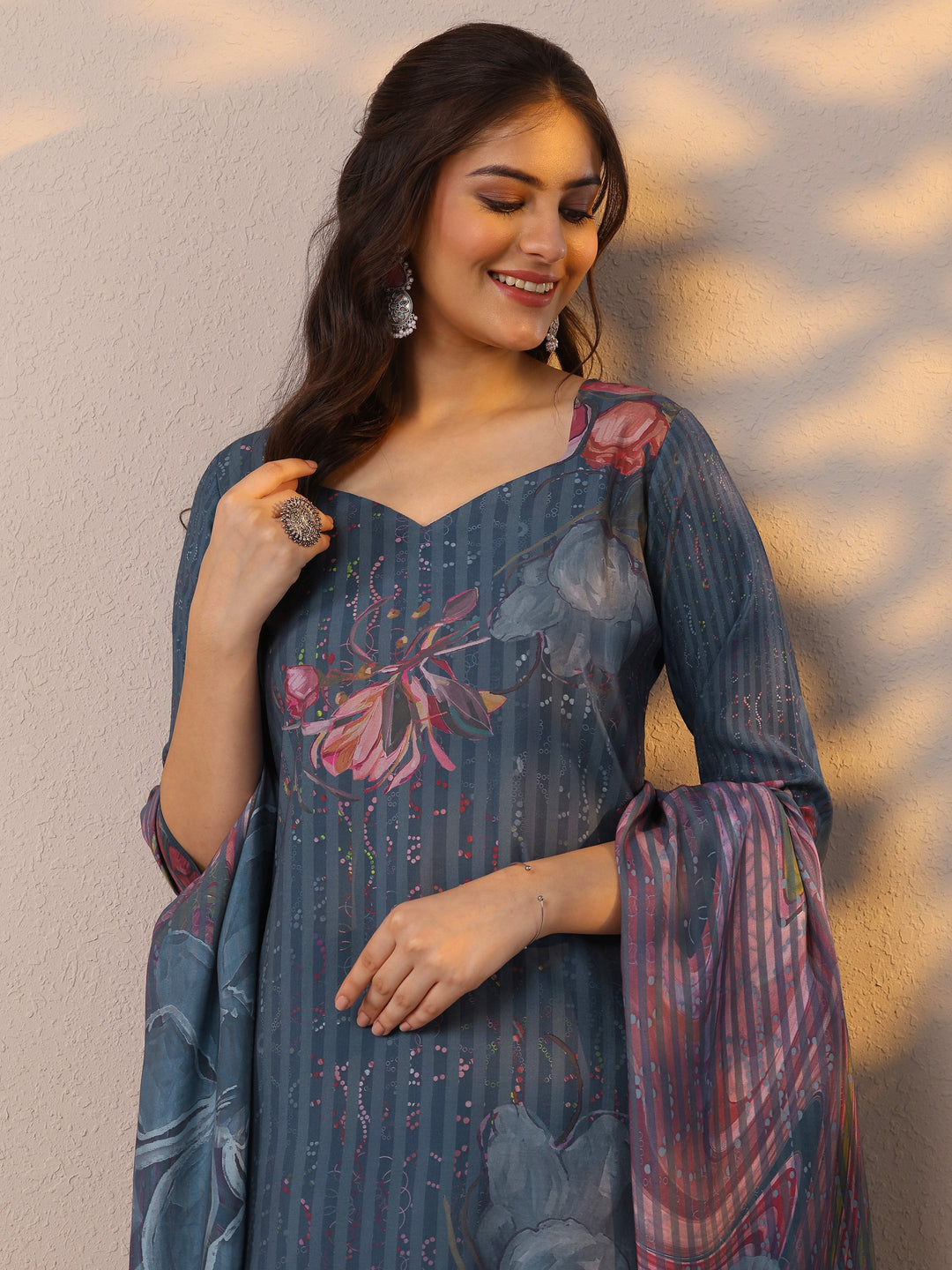 Blue Printed Silk Blend Straight Suit Set With Dupatta