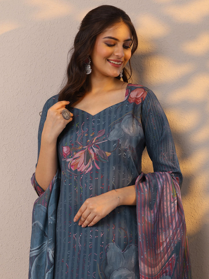 Blue Printed Silk Blend Straight Suit Set With Dupatta