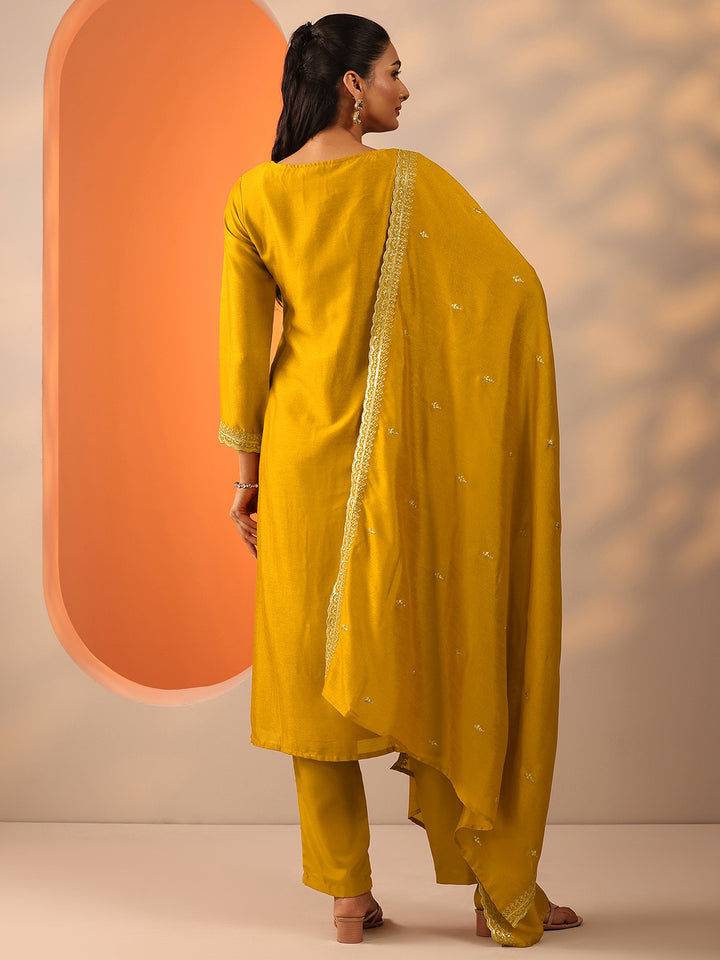 Mustard Embroidered Silk Blend Straight Suit Set With Dupatta