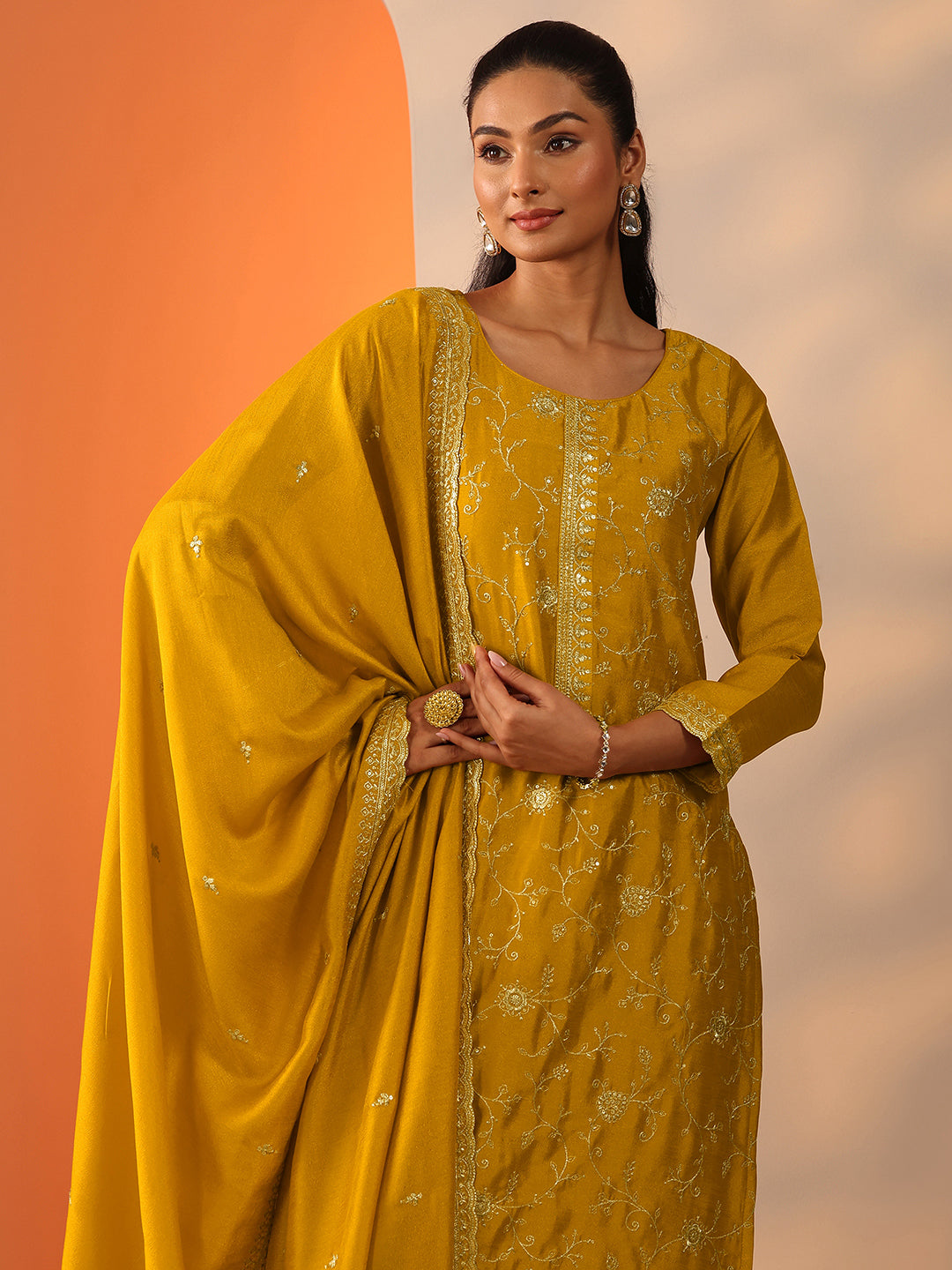 Mustard Embroidered Silk Blend Straight Suit Set With Dupatta