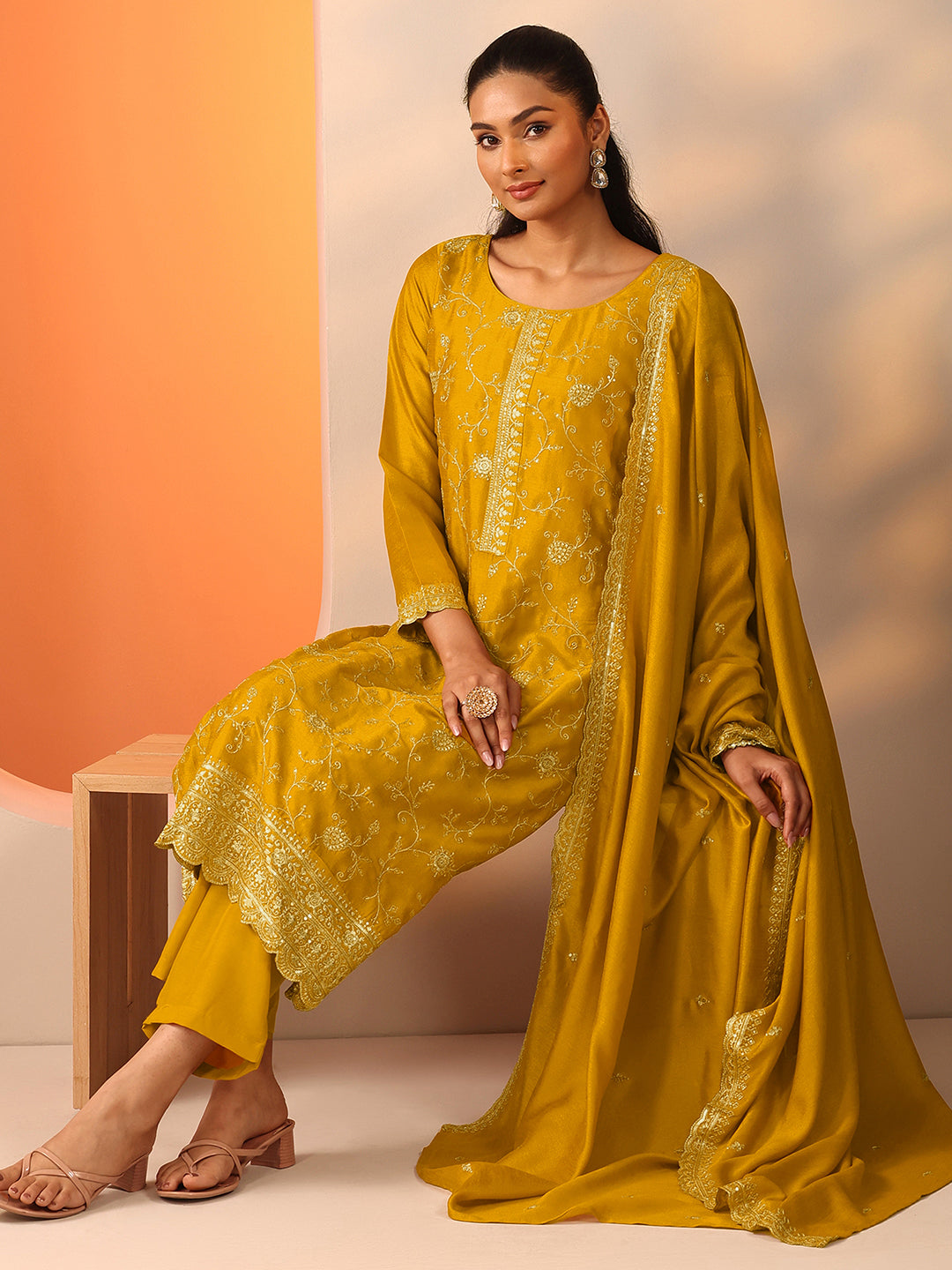 Buy Mustard Embroidered Silk Blend Straight Suit Set With Dupatta buy-mustard-embroidered-silk-blend-straight-suit-set-with-dupatta