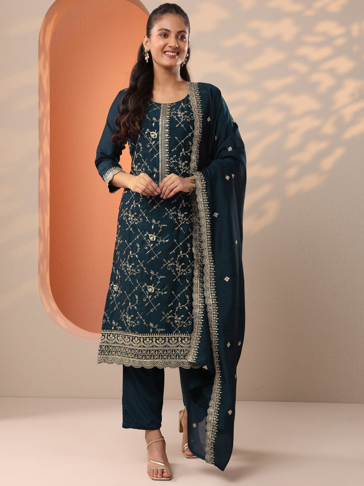 Teal Embroidered Silk Blend Straight Suit Set With Dupatta
