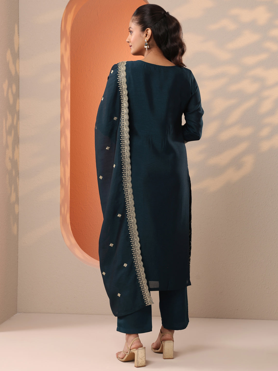 Teal Embroidered Silk Blend Straight Suit Set With Dupatta