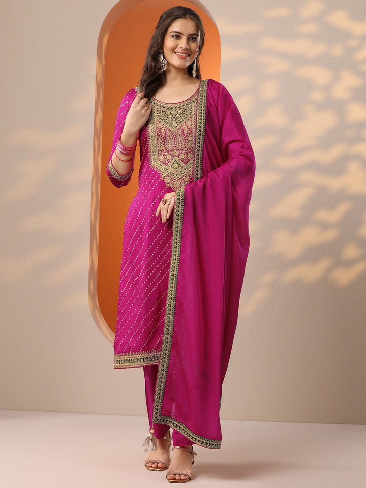 Pink Printed Silk Blend Straight Suit Set With Dupatta