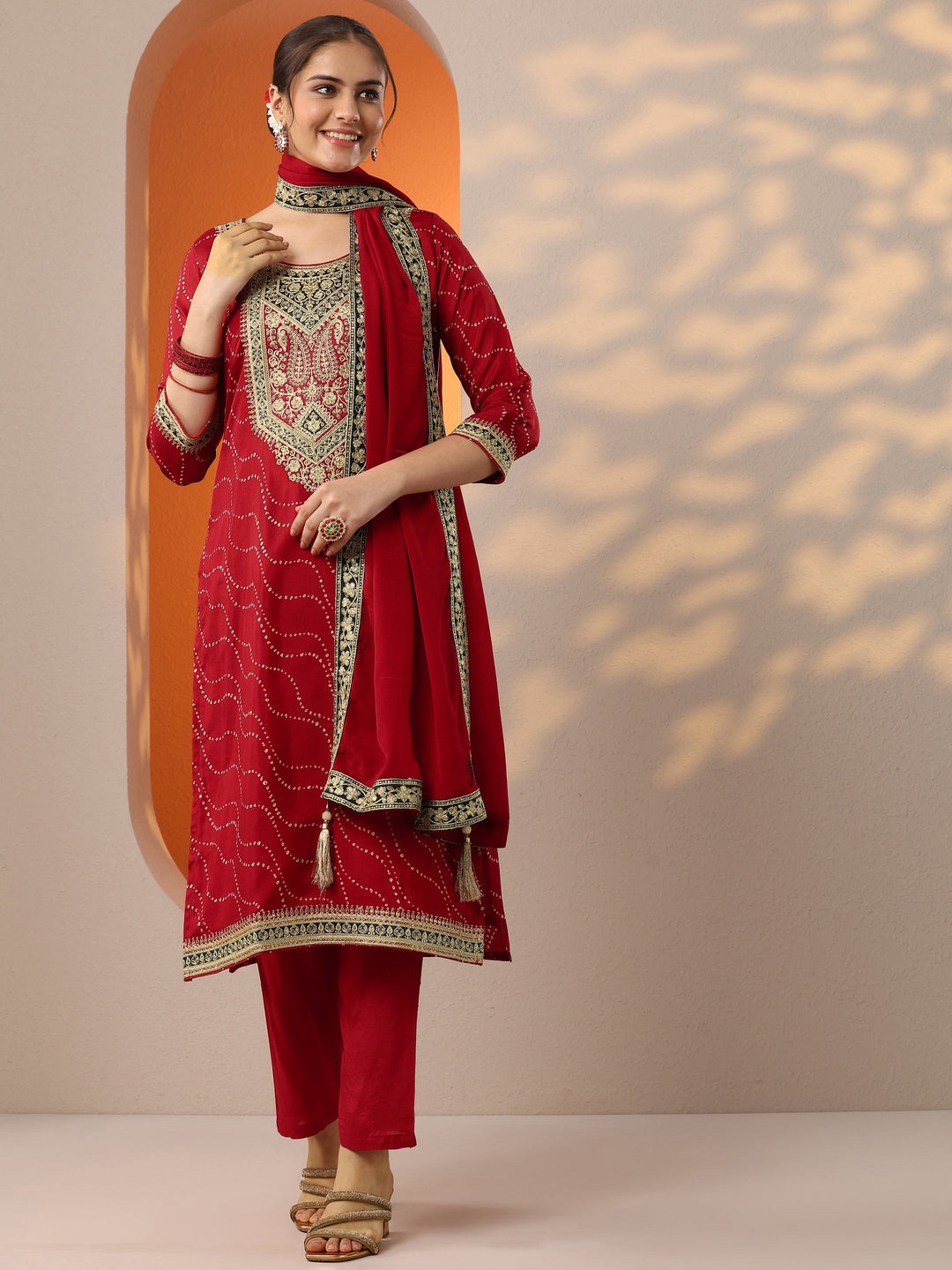 Red Printed Silk Blend Straight Suit Set With Dupatta
