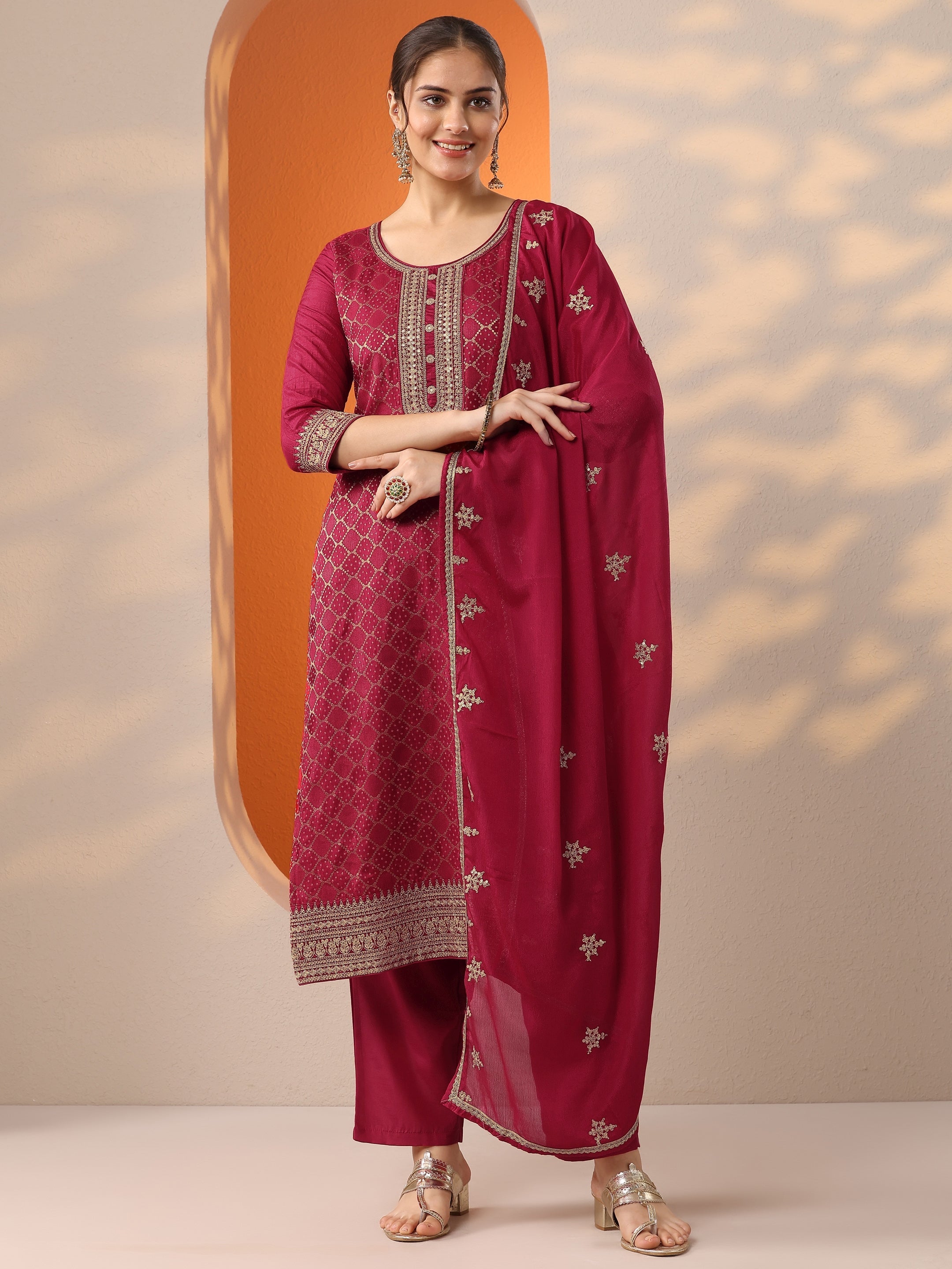Pink Embroidered Silk Blend Straight Suit Set With Dupatta main image 1