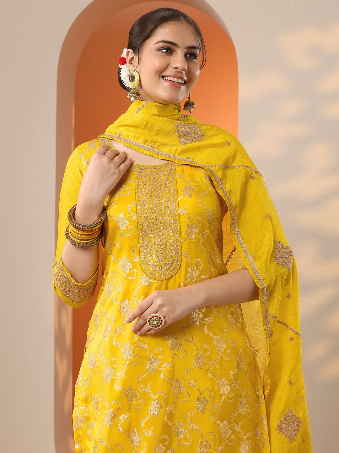 Yellow Woven Design Silk Blend Straight Suit Set With Dupatta