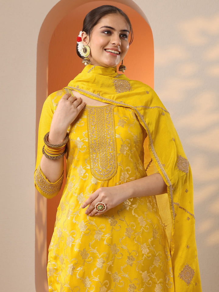 Yellow Woven Design Silk Blend Straight Suit Set With Dupatta