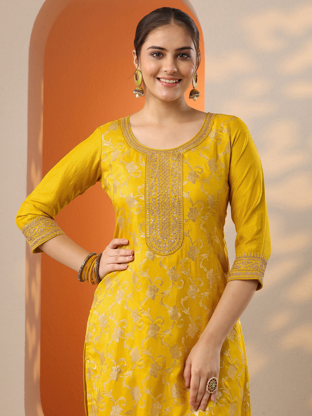 Yellow Woven Design Silk Blend Straight Suit Set With Dupatta