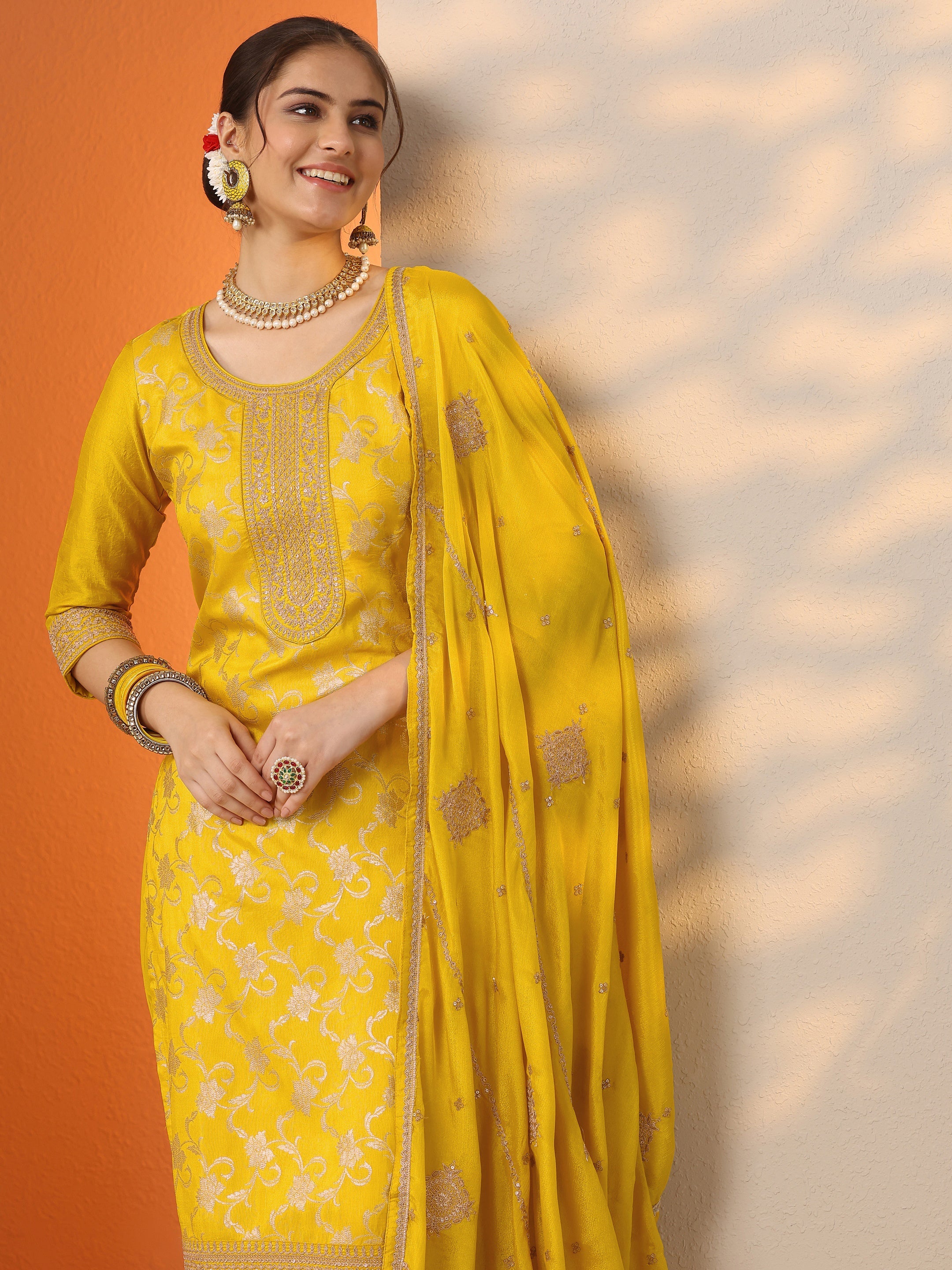 buy-yellow-woven-design-silk-blend-straight-suit-set-with-dupatta