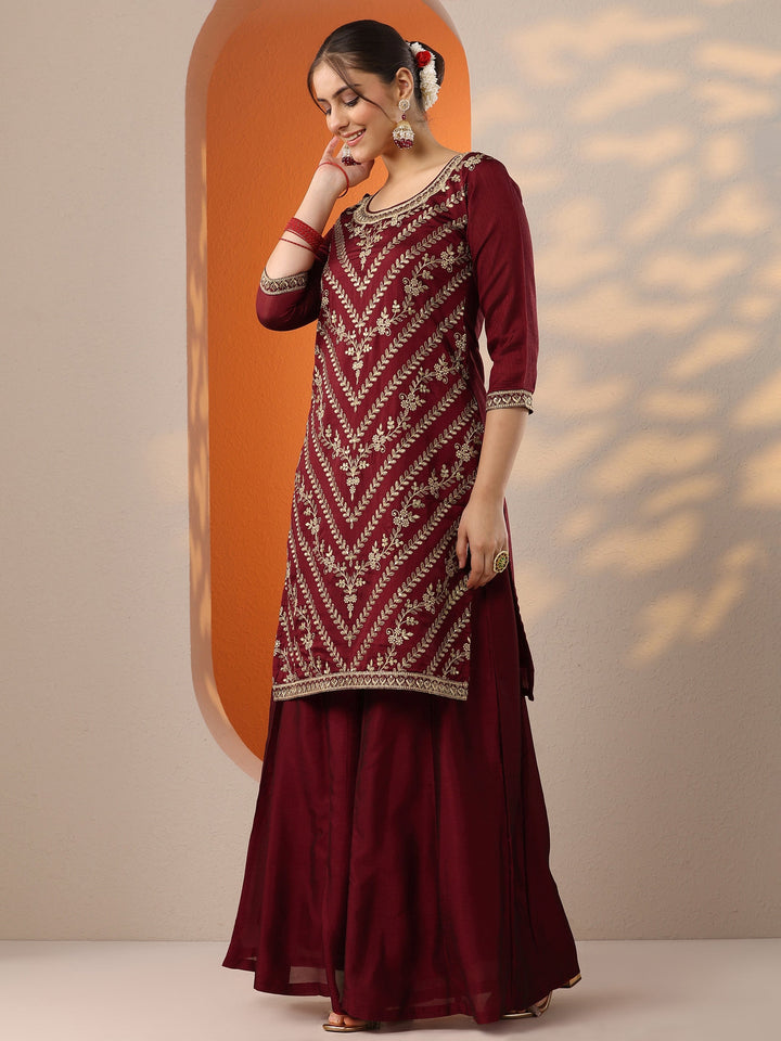 Maroon Embroidered Silk Blend Straight Suit Set With Dupatta